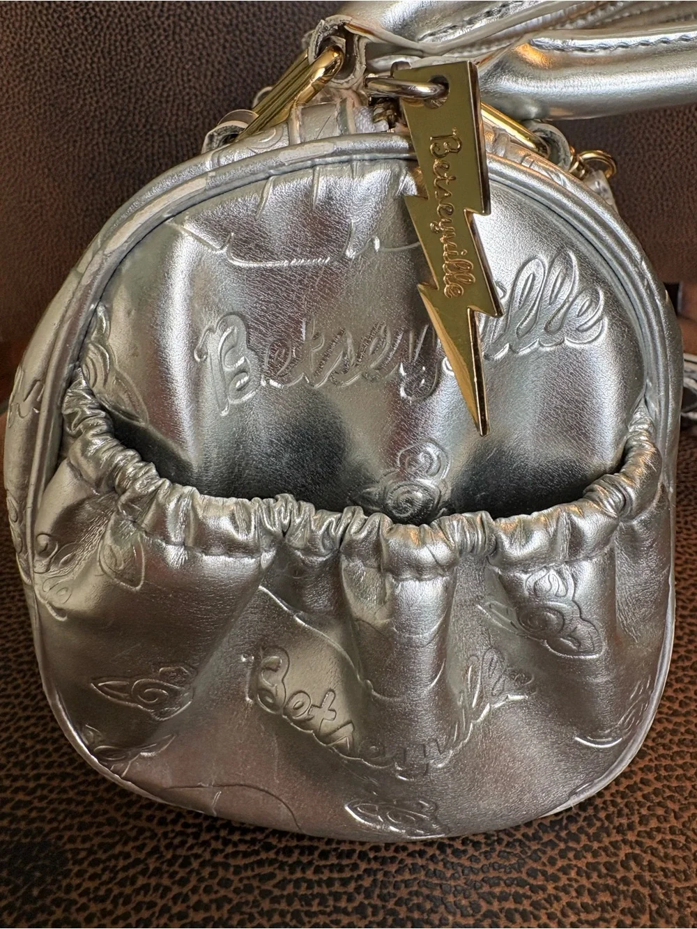 Betsey Johnson Silver Metallic Barrel Mini Bag with Gold Hardware